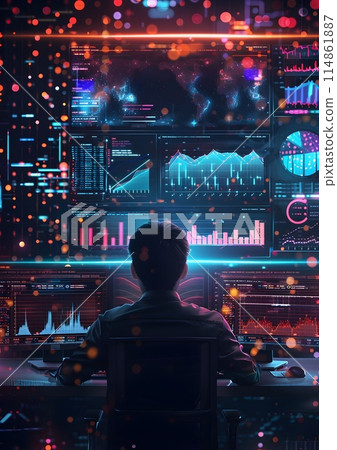 A scientist in a laboratory analyzes data on multiple screens while concentrating on graphs. 114861887