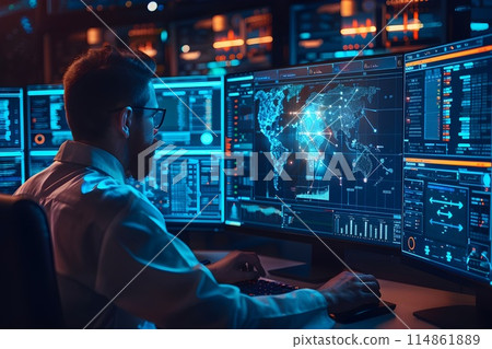 A scientist in a laboratory analyzes data on multiple screens while concentrating on graphs. 114861889