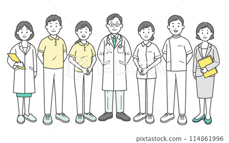 A full-body illustration of doctors, nurses, caregivers, and care managers who support local social welfare 114861996