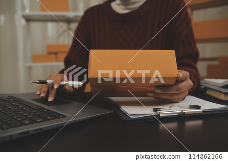 Portrait of young business asian woman online working in office desk use computer copyspace. Success business people employee, freelance SME online marketing work at home, coworking space concept 114862166