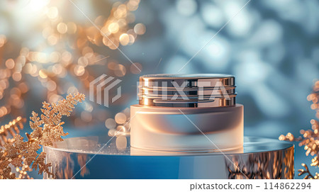 Cosmetic cream in a glass jar on a blue backdrop. Skin care concept. Background for beauty products Cosmetic cream in a glass jar on a blue backdrop. Skin care concept. Background for beauty products 114862294