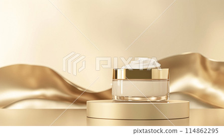 Face cream in a glass jar on a white and gold background. Skin care concept. Backdrop for beauty cosmetic products 114862295