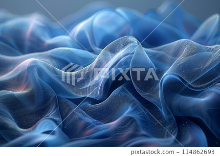 Background of a blue fabric with a wave pattern. The fabric is made of a shiny material and has a lot of texture. The blue color and the wave pattern give the impression of a calm 114862693