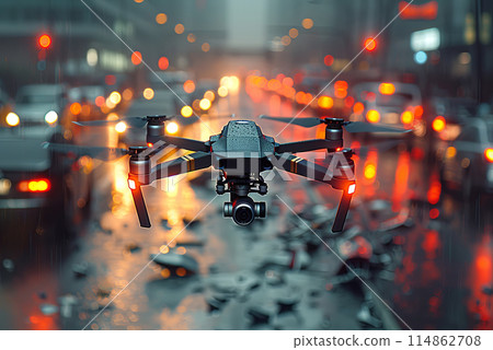 Drone is flying over a city street amid a traffic accident. Technologies of modern urban surveillance 114862708