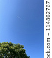 一張風景照片，白色的小尾跡在美麗的藍天上飛翔，底部有綠樹。 114862767