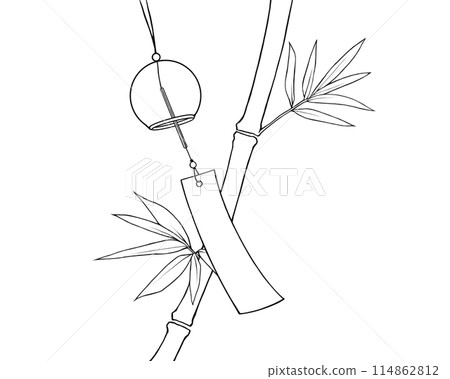 Simple black and white illustration of bamboo and wind chimes 114862812