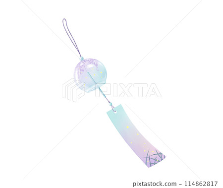 搖曳的風鈴的逼真水彩插圖（紫藤花和螢火蟲圖案） 114862817