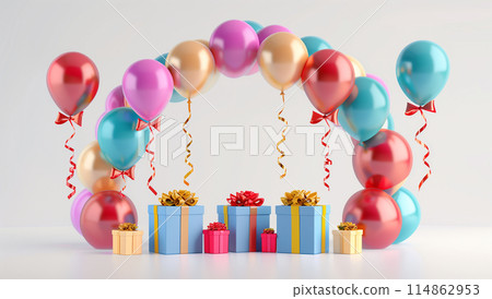 3d rendering of colorful balloons arch with gift boxes isolated on white background 114862953