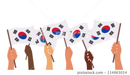 South Korea Liberation Day. Banner with Korea flags in human hands. Banner, poster, holiday illustration. Vector South Korea Liberation Day. Banner with Korea flags in human hands. Banner, poster, holiday illustration. Vector 114863014