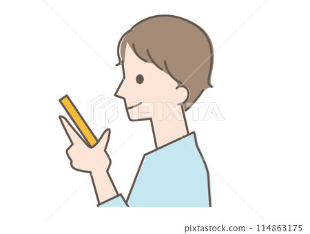 A man in profile operating a smartphone A man in profile operating a smartphone 114863175