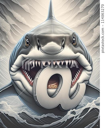 A realistic shark illustration with a floral and lettering design motif 114863270