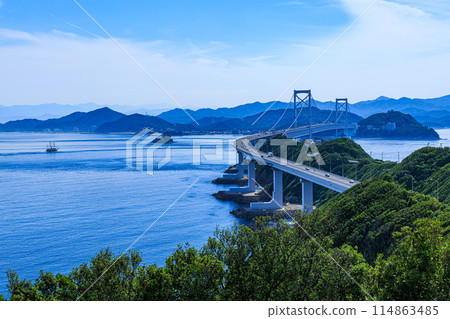 Naruto Strait as seen from the temporary store at Roadside Station Usushio. Onaruto Bridge connecting Awaji Island and Shikoku. Naruto Strait as seen from the temporary store at Roadside Station Usushio. Onaruto Bridge connecting Awaji Island and Shikoku. 114863485