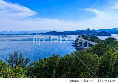 Naruto Strait as seen from the temporary store at Roadside Station Usushio. The Onaruto Bridge connecting Awaji Island and Shikoku. Naruto Strait as seen from the temporary store at Roadside Station Usushio. The Onaruto Bridge connecting Awaji Island and Shikoku. 114863486