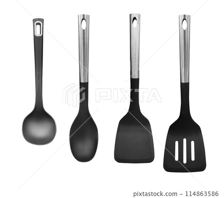 Ladle, turner, kitchen utensils isolated on white 114863586