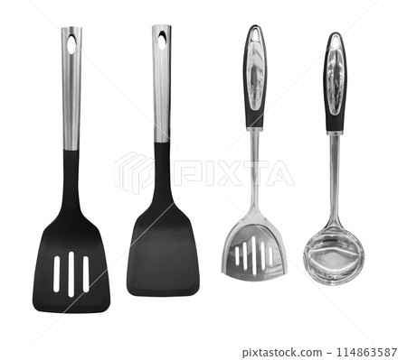 Ladle, turner, kitchen utensils isolated on white Ladle, turner, kitchen utensils isolated on white 114863587