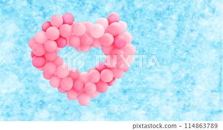 A heart shape made of balloons floats on a blue blurred fire background. 114863789