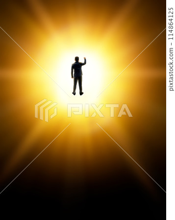 Business man raises his hand to show success. back view Business man raises his hand to show success. back view 114864125