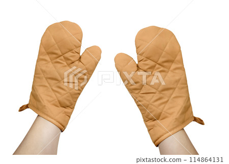 Hand with brown oven glove mitt isolated on white background 114864131