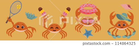 Crab set on the beach. Cute crab playing tennis, swimming, eating ice cream. Summer, beach, sand. Illustrations for your design, stickers, banners, postcards, web, print Crab set on the beach. Cute crab playing tennis, swimming, eating ice cream. Summer, beach, sand. Illustrations for your design, stickers, banners, postcards, web, print 114864325