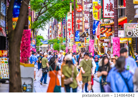 日本橫濱城市景觀五月。綠意盎然的季節...入境旅遊又回來了...橫濱中華街的繁華景色=23日 114864842