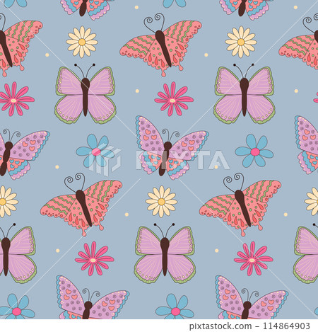 Butterflies and flowers seamless pattern on blue background. Butterflies and flowers seamless pattern on blue background. 114864903