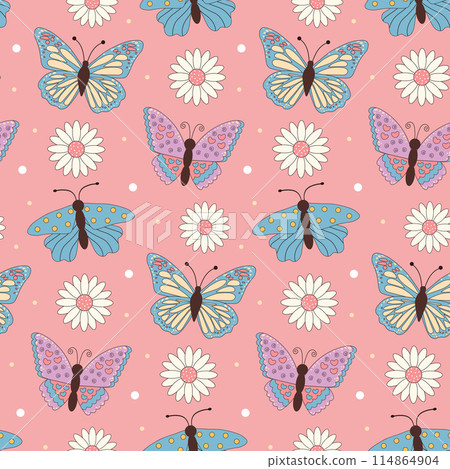 Butterflies and daisy flowers seamless pattern on pink background. 114864904
