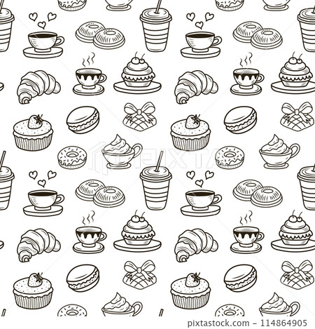 Doodle bakery coffee seamless pattern. Hand drawn cupcake, coffee cups, cookies for wrapping paper, package print, cafeteria and shop wallpapers. 114864905
