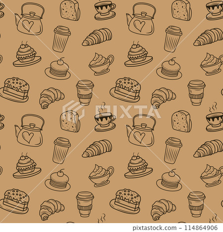 Doodle bakery coffee seamless pattern. Hand drawn cupcake, coffee cups, cookies for wrapping paper, package print, cafeteria and shop wallpapers. 114864906