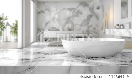White bathroom interior. Empty marble table top for product display with blurred bathroom interior background 114864949