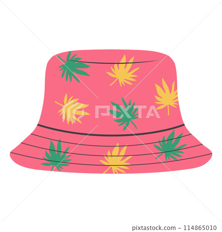 Summer panama hat with tropical pattern. Vector illustration isolated on white background. Summer panama hat with tropical pattern. Vector illustration isolated on white background. 114865010