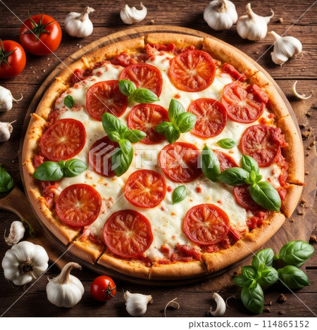 Freshly baked pepperoni pizza on wooden tray, surrounded by natural fresh ingredients 114865152