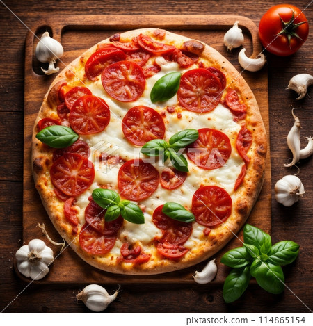 Freshly baked pepperoni pizza on wooden tray, surrounded by natural fresh ingredients 114865154