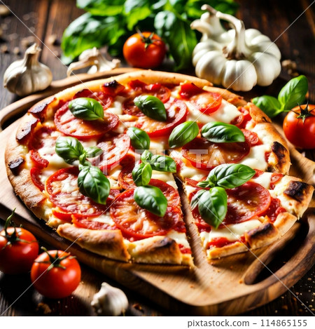 Freshly baked pepperoni pizza on wooden tray, surrounded by natural fresh ingredients 114865155