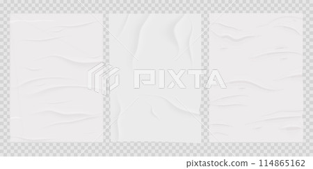 Glued sticky set white skotch tape paper stripe. Crumped surface label, mockup sticker. Rectangle piece, wrapped page on transparent background. 114865162