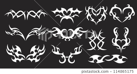 Set Neotribal y2k aesthetic tattoo gothic cover, flame or wings abstract silhouette isolated on background. Divider, border, cyber body ornament, neotribal web goth decoration Set Neotribal y2k aesthetic tattoo gothic cover, flame or wings abstract silhouette isolated on background. Divider, border, cyber body ornament, neotribal web goth decoration 114865175