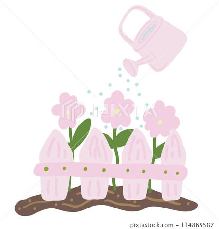 Watering can water and flowers behind the fence flat design 114865587