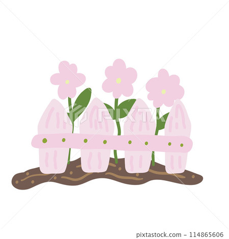 Flowers pink behind fence flat design set Flowers pink behind fence flat design set 114865606