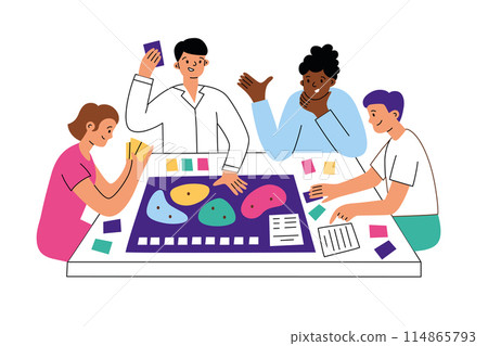 People playing board game at table. Flat composition of boardgame activity. Vector illustrations of friends having fun together. Happy family at table. Cooperative tabletop game, strategy 114865793