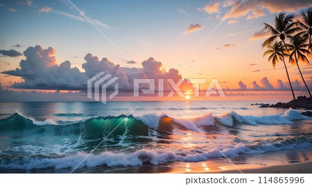 日落時海灘上漂浮著不祥雲彩的插圖 114865996