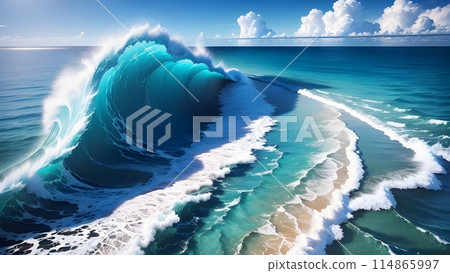 大浪接近沙灘並在漲潮時下沉的插圖 114865997