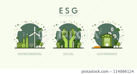 ESG concept, Environmental, Social and Governance. Green city background. Flat minimal style. Vector Illustration. ESG concept, Environmental, Social and Governance. Green city background. Flat minimal style. Vector Illustration. 114866124