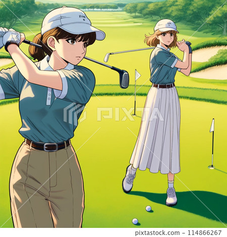 Two female golfers practicing before a round of golf 114866267