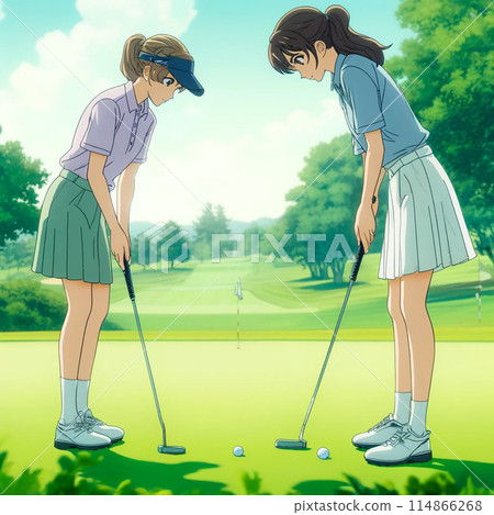 Two female golfers practicing putting before a round at the golf course Two female golfers practicing putting before a round at the golf course 114866268