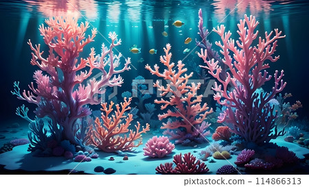 Illustration of beautiful corals and tropical fish 114866313