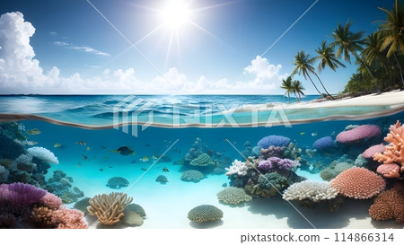 Illustration showing the tropical land and the underwater world with corals and fish Illustration showing the tropical land and the underwater world with corals and fish 114866314