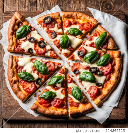 Delicious pizza topped with cheese, tomato on wooden table. Delicious pizza topped with cheese, tomato on wooden table. 114866515