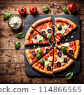 Delicious pizza topped with cheese, tomato on wooden table. 114866565