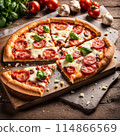 Delicious pizza topped with cheese, tomato on wooden table. 114866569