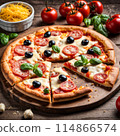Delicious pizza topped with cheese, tomato on wooden table. 114866574