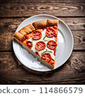 Delicious pizza topped with cheese, tomato on wooden table. 114866579